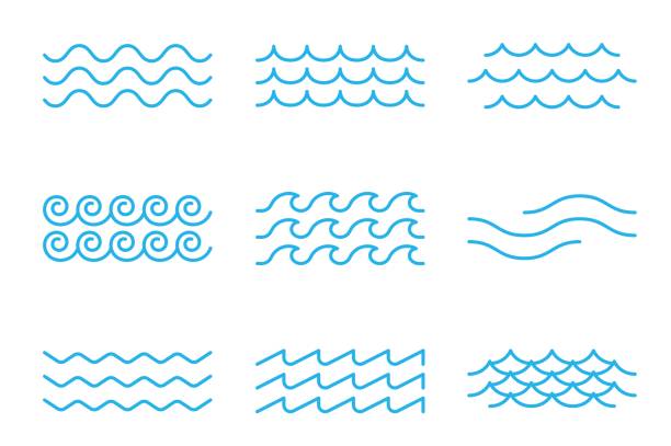 ilustraciones, imágenes clip art, dibujos animados e iconos de stock de delinea iconos de olas de surf de mar u océano, patrón de marea - olas rompientes