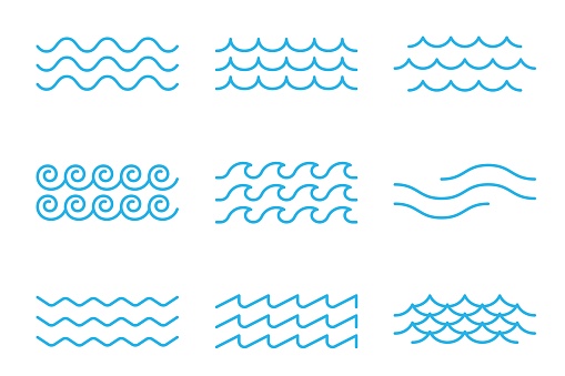 Outline sea and ocean surf wave icons, blue water or marine tide pattern, vector borders and frames. Blue water wave ripples and tidal curves or curls of flowing aqua, marine wavy ripple line frames