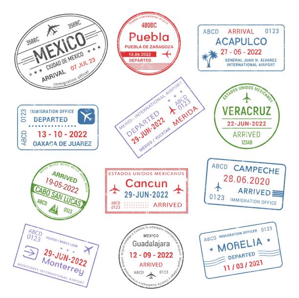 reisepass-reisestempel, mexikanisches flughafenvisum - nuevo leon stock-grafiken, -clipart, -cartoons und -symbole