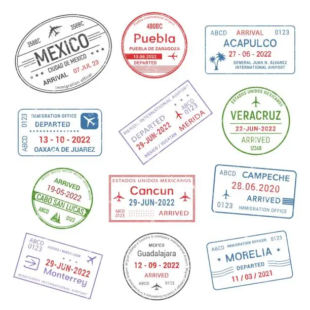 Vector illustration of Passport travel stamps, Mexican city airport visa