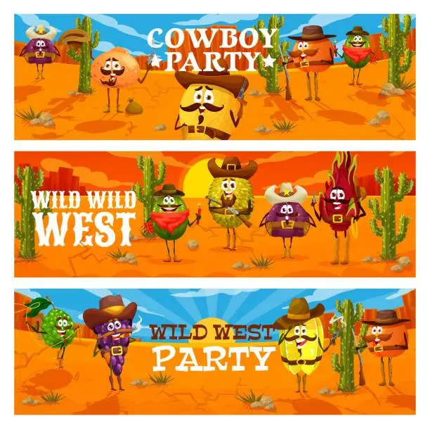 Vector illustration of Wild West western cowboy party, fruit characters