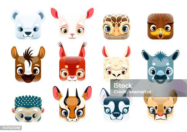 Ilustración de Caras De Animales Cuadrados Kawaii De Dibujos Animados Y  Emoticonos y más Vectores Libres de Derechos de Emoticono - iStock