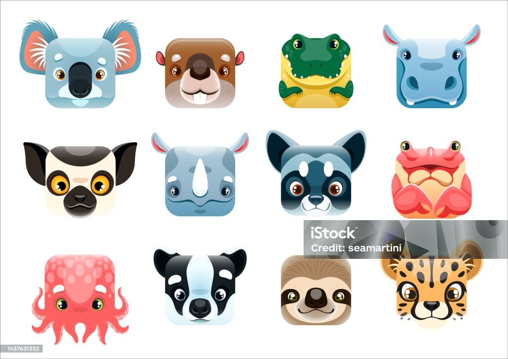 Ilustración de Caras De Animales Kawaii De Dibujos Animados Y Emoticonos De  Sonrisa y más Vectores Libres de Derechos de Aligátor - iStock