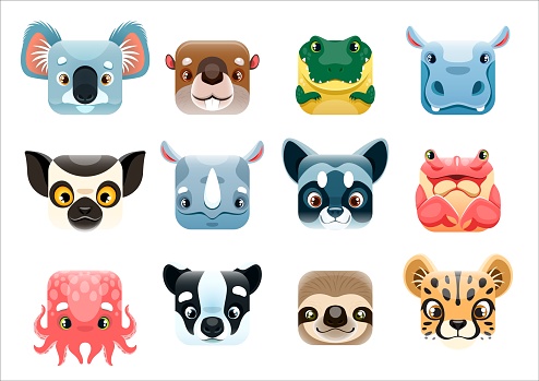 Cartoon kawaii square animal faces, emoticons smiles and emoji vector icons. Happy cute kawaii animal faces of koala, crocodile or beaver and octopus, smiling racoon with sloth and tiger, zoo emoji