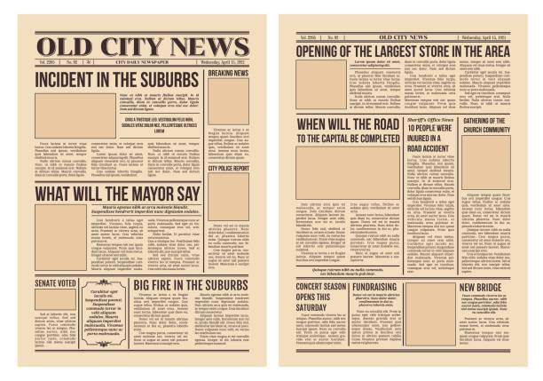 gazeta vintage, stara gazeta ze stronami z wiadomościami miejskimi - sepia toned frame paper backgrounds stock illustrations