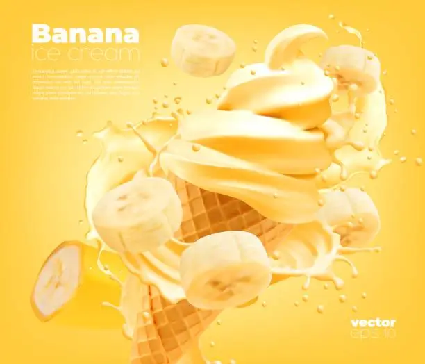 Vector illustration of Banana soft ice cream, wafer cone with splash