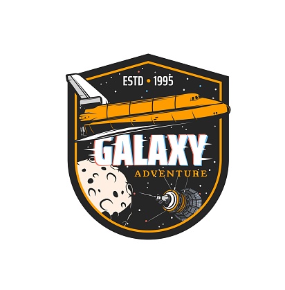 Galaxy adventure. Space shuttle icon, vector universe planets and stars with spaceship, satellite and Moon. Isolated retro icon of science and space travel, planet colonization theme