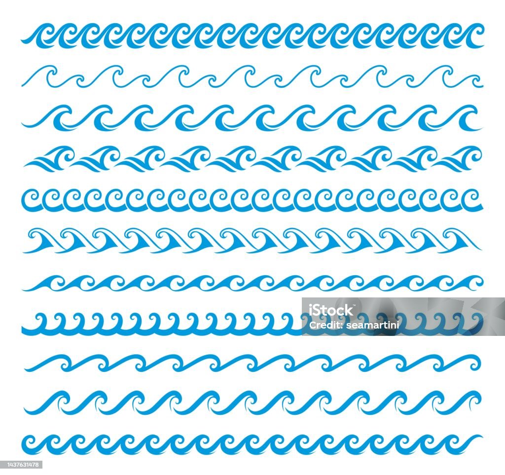 Surf Wave Patterns Sea And Ocean Surf Wave Lines Blue Water Borders Stock Illustration ...