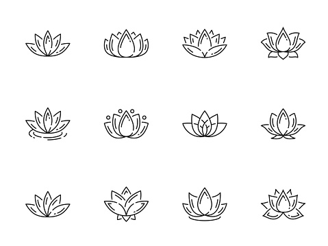 Outline line lotus icons, flowers or yoga floral symbols and vector blossoms. Lotus flower petals, linear blooming plants for tattoo, spa or asian ornament, Ayurveda relax and Zen meditation