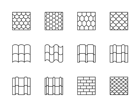 Roof tile icons, isolated vector overlap sheets, shingles tiling samples texture and pattern. Concrete, clay, metal, steel, ceramic, terracotta covering for house rooftop, construction roof tile