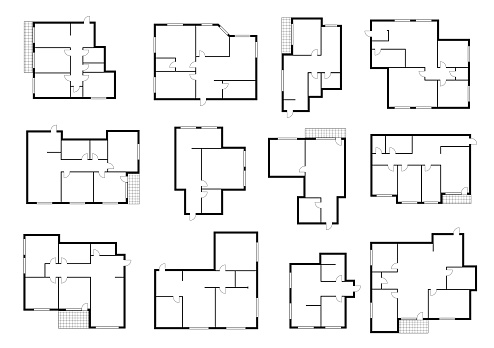 Apartment plans, floor and house room layout, vector home floorplan. Architecture plan of apartment interior project, architect technical blue print template with wall line view for planning