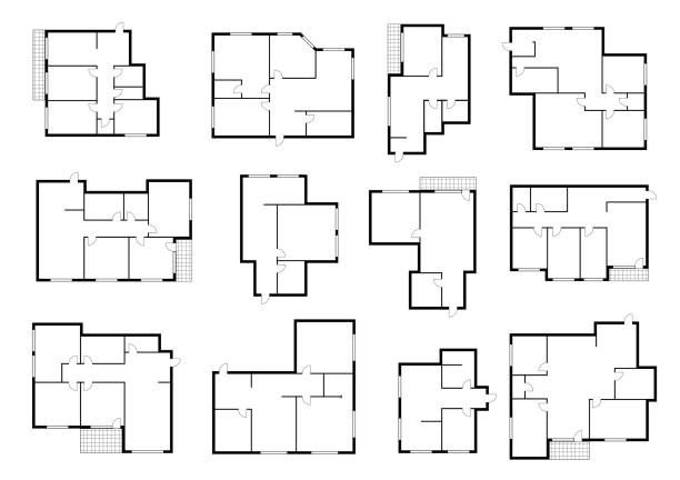 Apartment floor plans, house room layout Apartment plans, floor and house room layout, vector home floorplan. Architecture plan of apartment interior project, architect technical blue print template with wall line view for planning floor plan stock illustrations