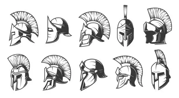 Vector illustration of Helmets of spartan, soman warriors and gladiators