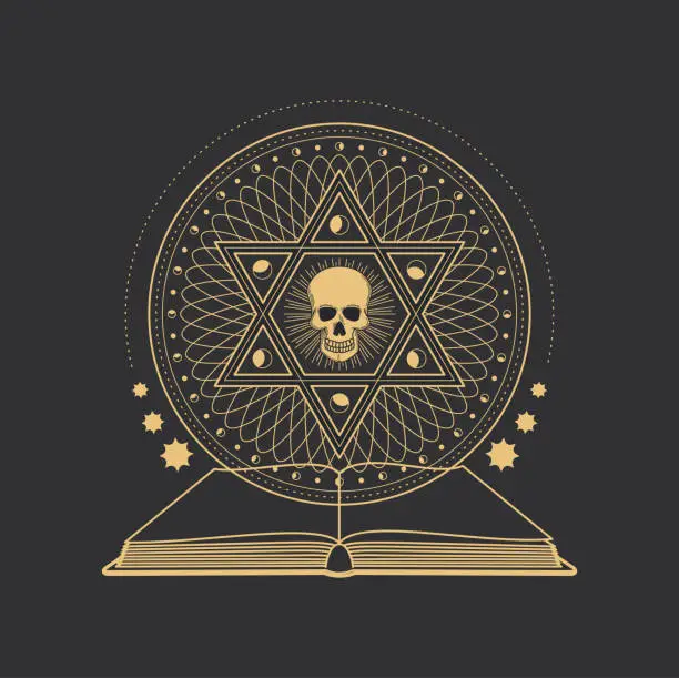 Vector illustration of Occult pentagram, skull and black magic book