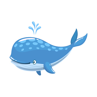 Cartoon cheerful blue whale character. Cute personage of vector sea animal, ocean underwater fish or giant marine mammal with happy smile. Isolated funny humpback or baleen whale spouting water