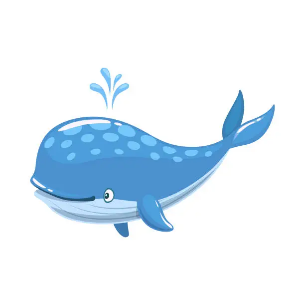 Vector illustration of Cartoon cheerful blue whale character, sea animal