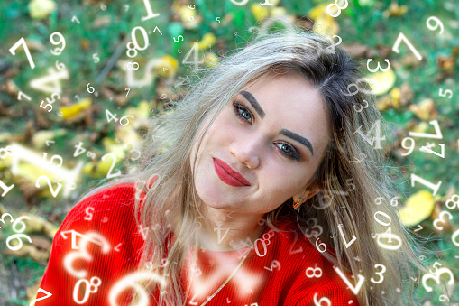 numerology, smiling girl in red sweater, portrait,  surrounded by numbers