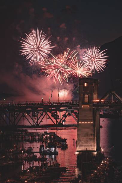 istock Vertical shot of bright fireworks by a bridge in Vancouver 1437637167