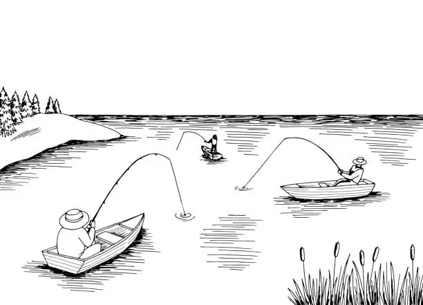 Vector illustration of Fisherman graphic black white landscape sketch illustration vector