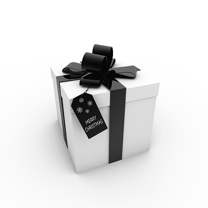 A 3D rendering of a white gift box with black ribbon and a tag with  text \