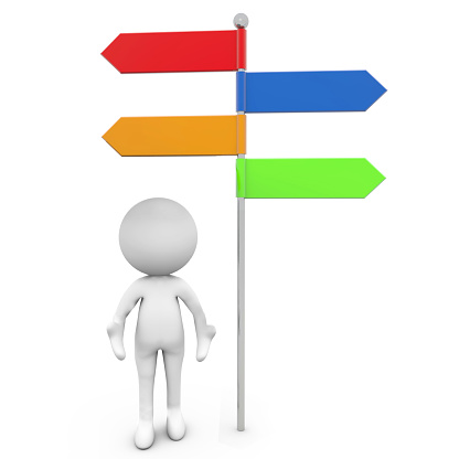 A 3D rendering illustration of a human icon standing under colorful arrow signs on a white background