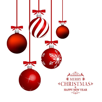 A digital illustration of hanging red ornaments and text \