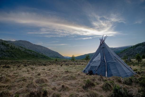 istock Blue nomadic tribe teepee on a rural field in Mongolia 1437638605