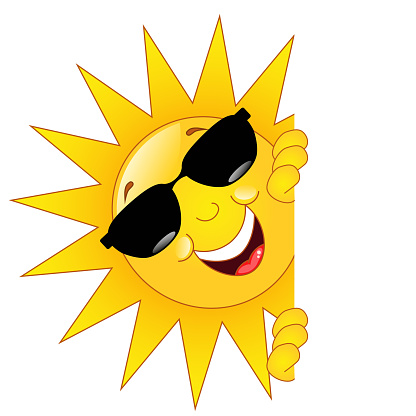 A digital illustration of smiling sun with sunglasses isolated on white background