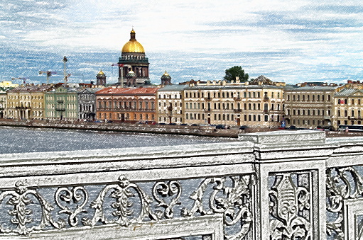 City view of Saint Petersburg with Saint Isaac's Cathedral dominating the skyline, as seen from the green bridge(krasnyy most), Russia (painting effect)