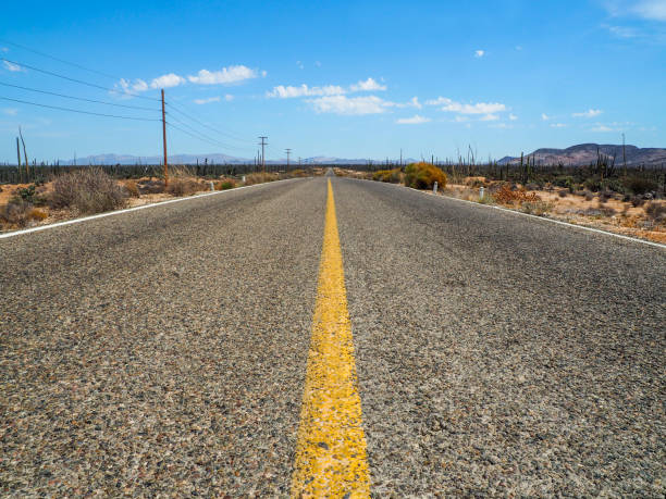 istock Road through a desert landscape under a blue sky 1437641730