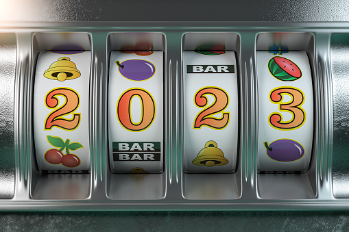 2022 Happy New Year  in casino. Slot machine with jackpot number 2022. 3d illustration