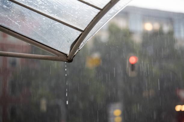 fuertes lluvias gotean del techo mientras brilla un semáforo en rojo - protection insurance dark rain fotografías e imágenes de stock