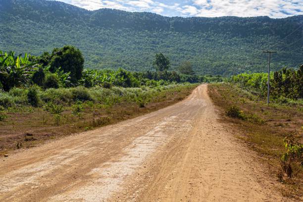 istock Long road surrounded by trees and high mountains covered in greens 1437644935