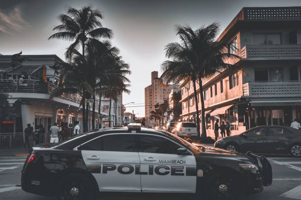 Miami, United States – September 12, 2019: Miami South Beach Police car, parked on Ocean Drive, taking care of site security.