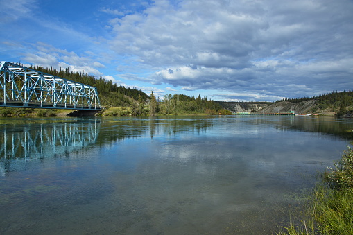 Road bridge on Alaska Highway and water dam on Yukon-Kuskokwim Delta ,Yukon,Canada,North America