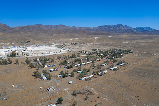 Empire, Nevada, United States – July 04, 2020: A photo of Empire Mining Company's gypsum mine and company town property in the town of Empire.