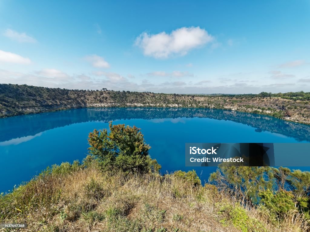 Blue Lake Volcano Crater. The  Blue Lake Volcano in full colour Turquoise between December and February each year then changes back to a normal lake water scene,  Mount Gambier Mount Gambier Stock Photo