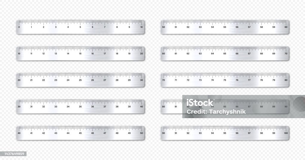 Realistic Various Brushed Metal Rulers With Measurement Scale And