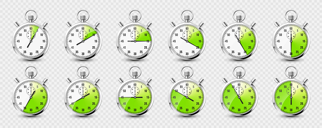 Realistic classic stopwatch icons. Shiny metal chronometer time counter with dial. Green countdown timer showing minutes and seconds. Time measurement for sport, start and finish. Vector illustration.