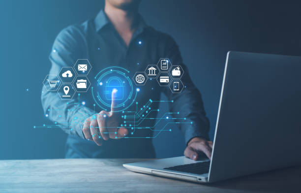istock Man touching security scanning of digital programs with notebook (Laptop). Surveillance of Personal database with Futuristic digital processing of biometric identification fingerprint scanner. 1437651762