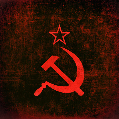 Soviet Union symbol: star, hammer and sickle, red on black. USSR sign, grunge textured