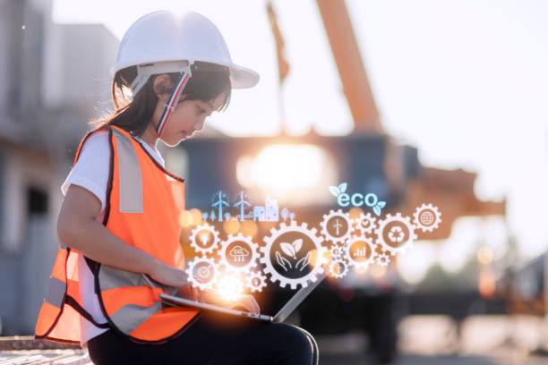 istock Little girl engineering with creative icon environment with happy family, eco friendly, save energy, 1437653174