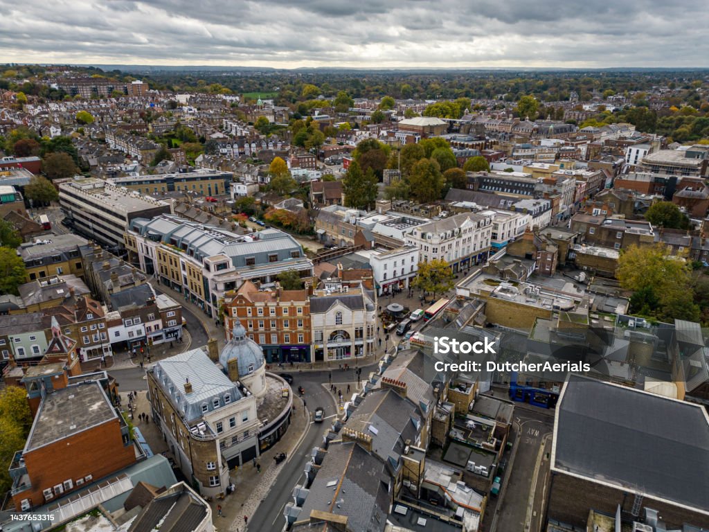 Aerial view of Richmond Neighborhood in London Richmond is a neighborhood in the southwest of London known for being a filming location for the show Ted Lasso. Aerial View Stock Photo