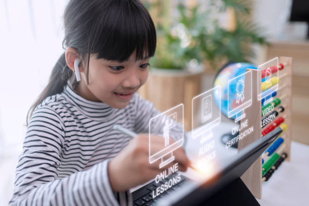 istock Education technology concept. Schoolgirl learning in the room. Online school. EdTech.E-learning concept 1437653460