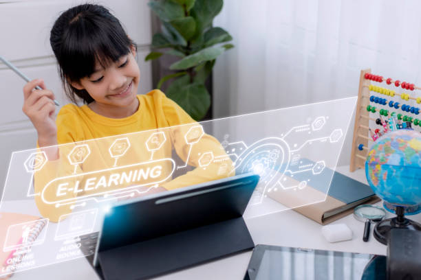 istock Education technology concept. Schoolgirl learning in the room. Online school. EdTech.E-learning concept 1437653889