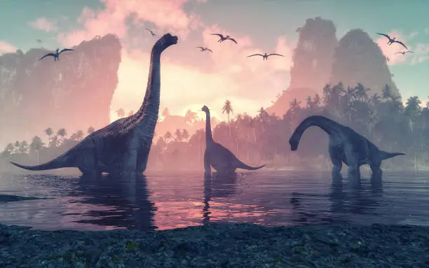 Photo of Brachiosaurus dinosaur in water next to islands with palm trees.