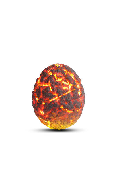 istock Object deviled egg shape lava rocks smelt, volcano hot magma ground , burning stone coals or alien eggs on white background. Studio light shadow with clipping path. 3D illustration. 1437656295