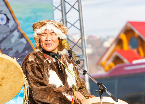 PETROPAVLOVSK, KAMCHATKA, RUSSIA - NOVEMBER 4, 2018: Folk ensemble performance in dress of indigenous people of Kamchatka. The holiday Northern aboriginal Koryak was Hololo.