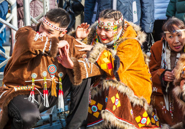PETROPAVLOVSK, KAMCHATKA, RUSSIA - NOVEMBER 4, 2018: Folk ensemble performance in dress of indigenous people of Kamchatka. The holiday Northern aboriginal Koryak was Hololo.