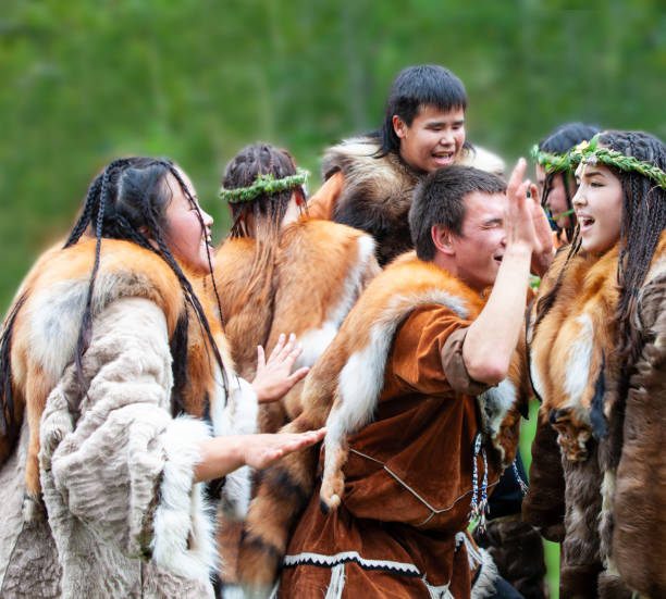 KAMCHATKA, RUSSIA - SEPTEMBER 09, 2017: Aborigine of Kamchatka dancing on dance marathon. Feast of the Aborigines of Kamchatka Alhalalay.